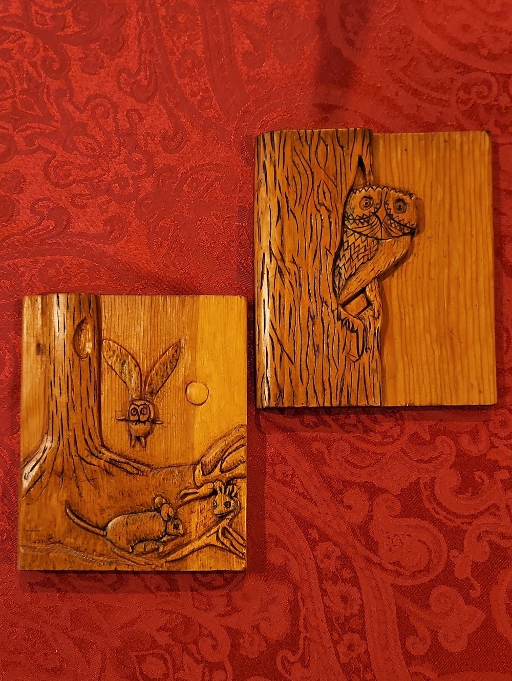 VTG 1979 Hand Carved Wood Plaque Owl & Mice Signed Ester Carpenter Folk Art